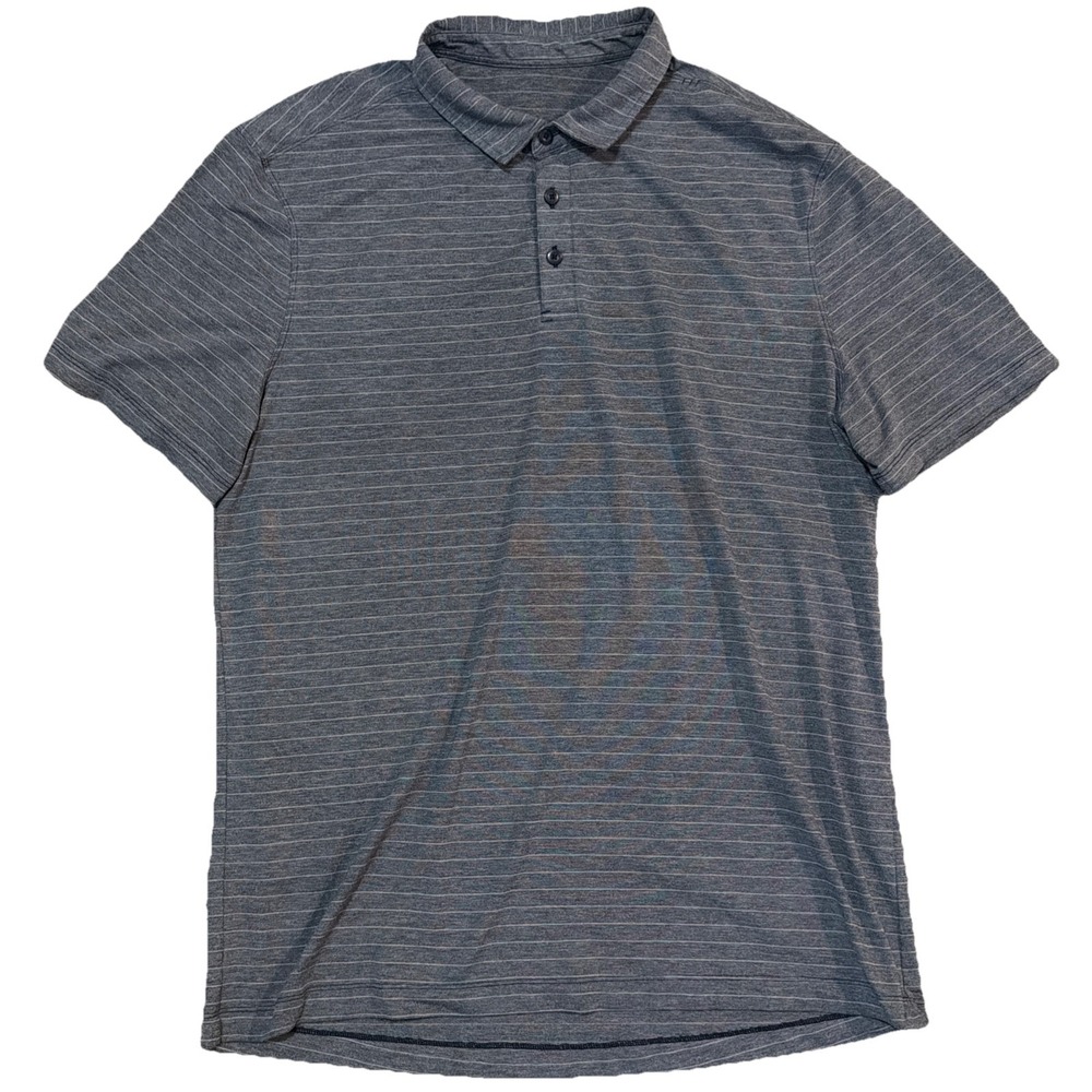 Lululemon Men M Short Sleeve Button Polo Shirt Grey‎ Striped Performance